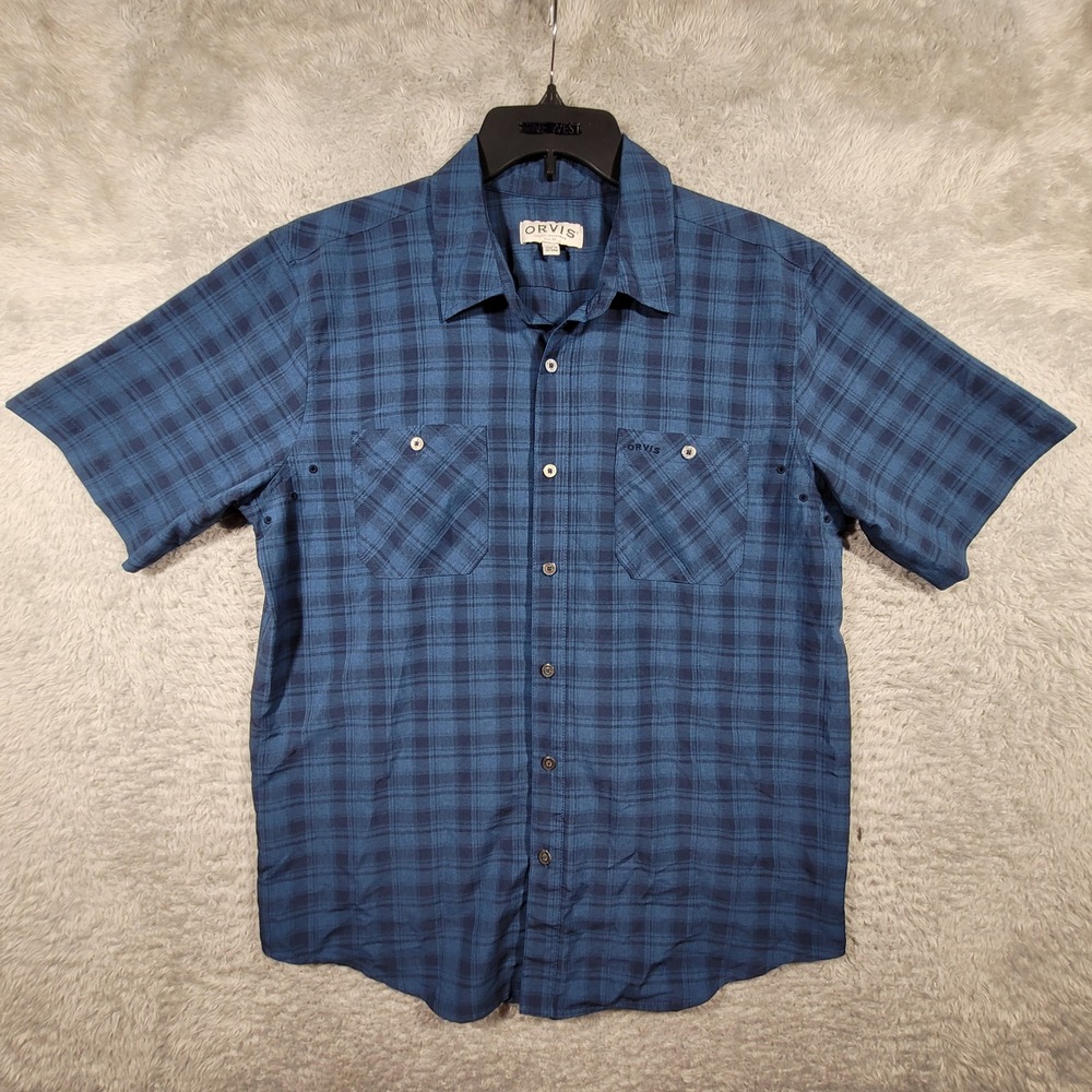 Orvis Button Down Shirt Mens Large Blue Plaid Short Sleeve Hiking Utility